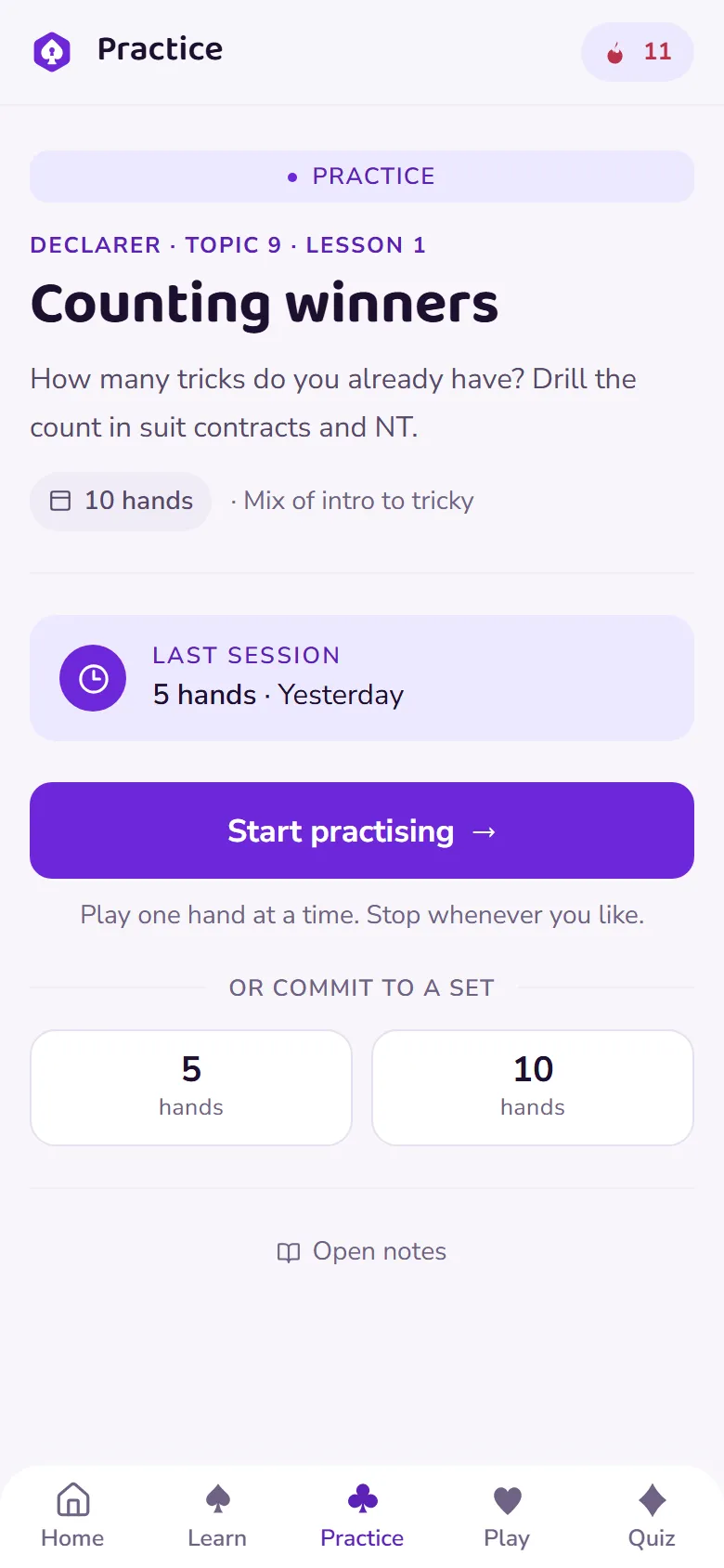 A practice module landing page offering sets of five or ten hands
