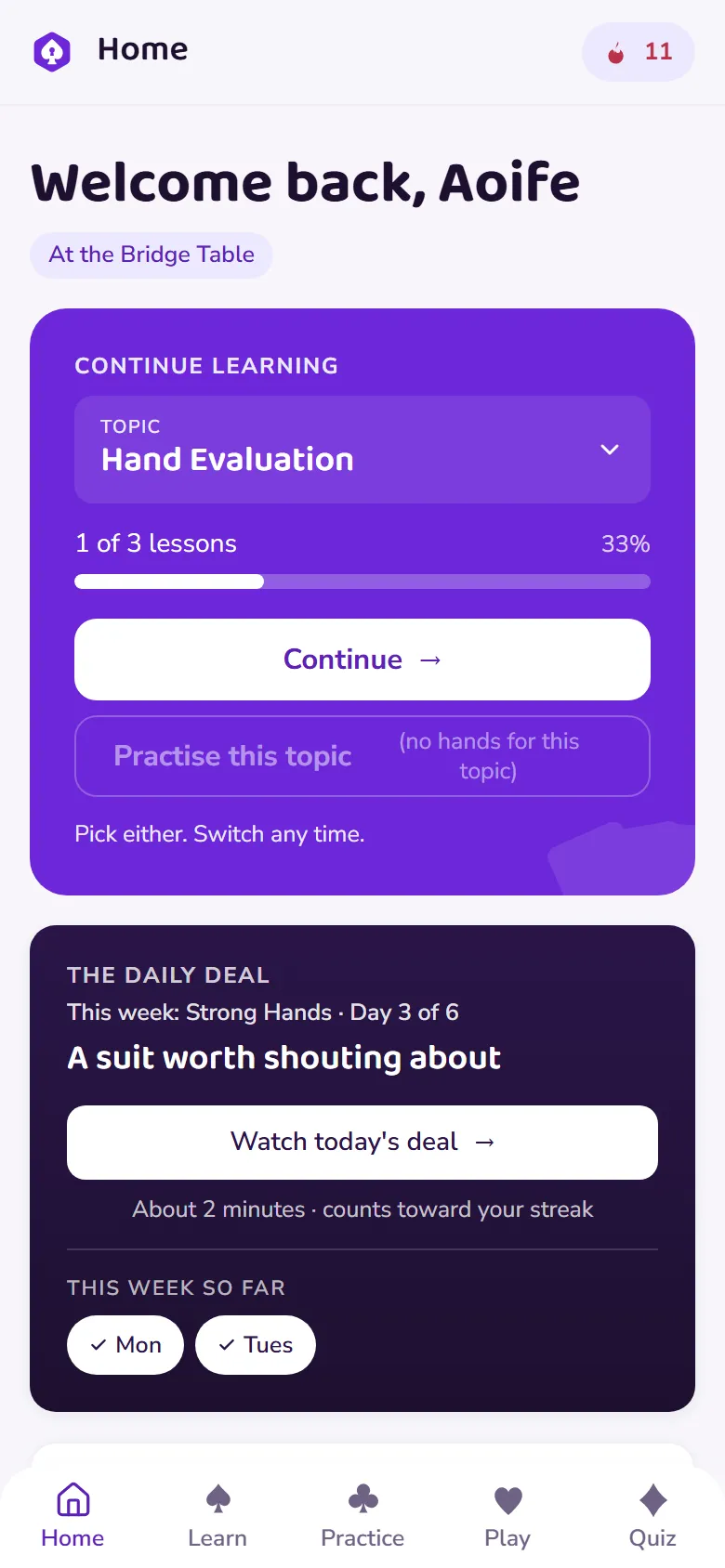 The Bridge Unlocked home screen: continue learning card, Daily Deal and progress