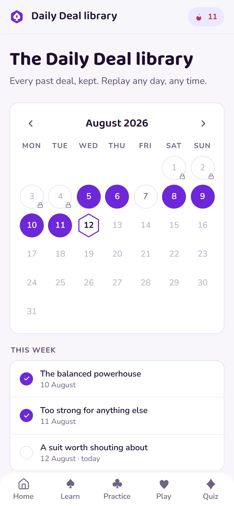 The Daily Deal library calendar; today marked with a hexagon