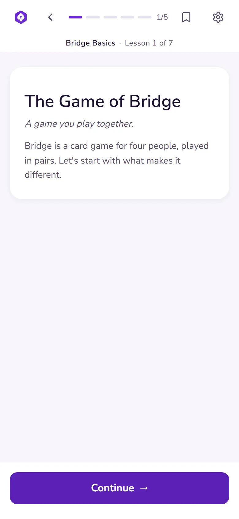A lesson card from The Game of Bridge with a Continue button