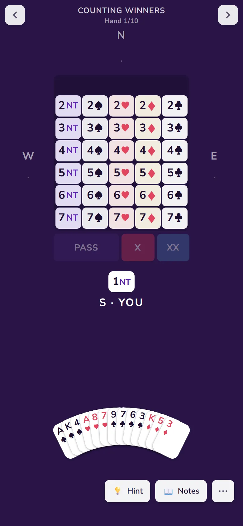 Bidding practice: a hand of cards with a bidding box